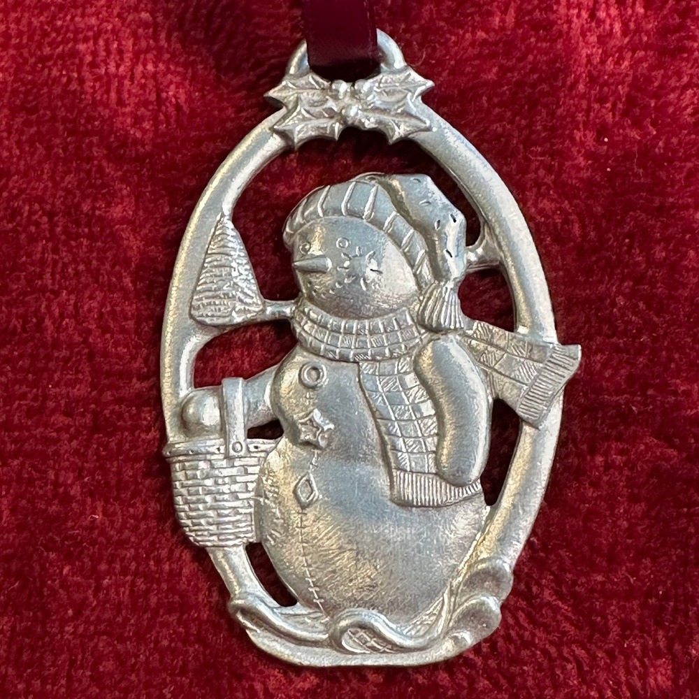 Longaberger 1999 Snowman Pewter‎ Christmas Ornament with Basket Vintage Holiday